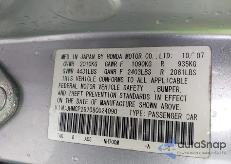 2008 Honda Accord 2.4 Ex z USA, uszkodzony, nr VIN JHMCP26708C024090